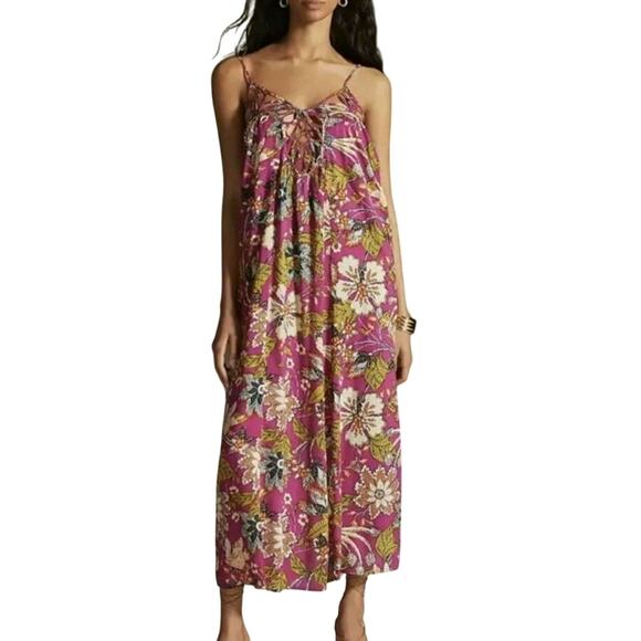 Anthropologie Floral Purple Green Midi Dress V Neck Sleeveless Flowy Boho M